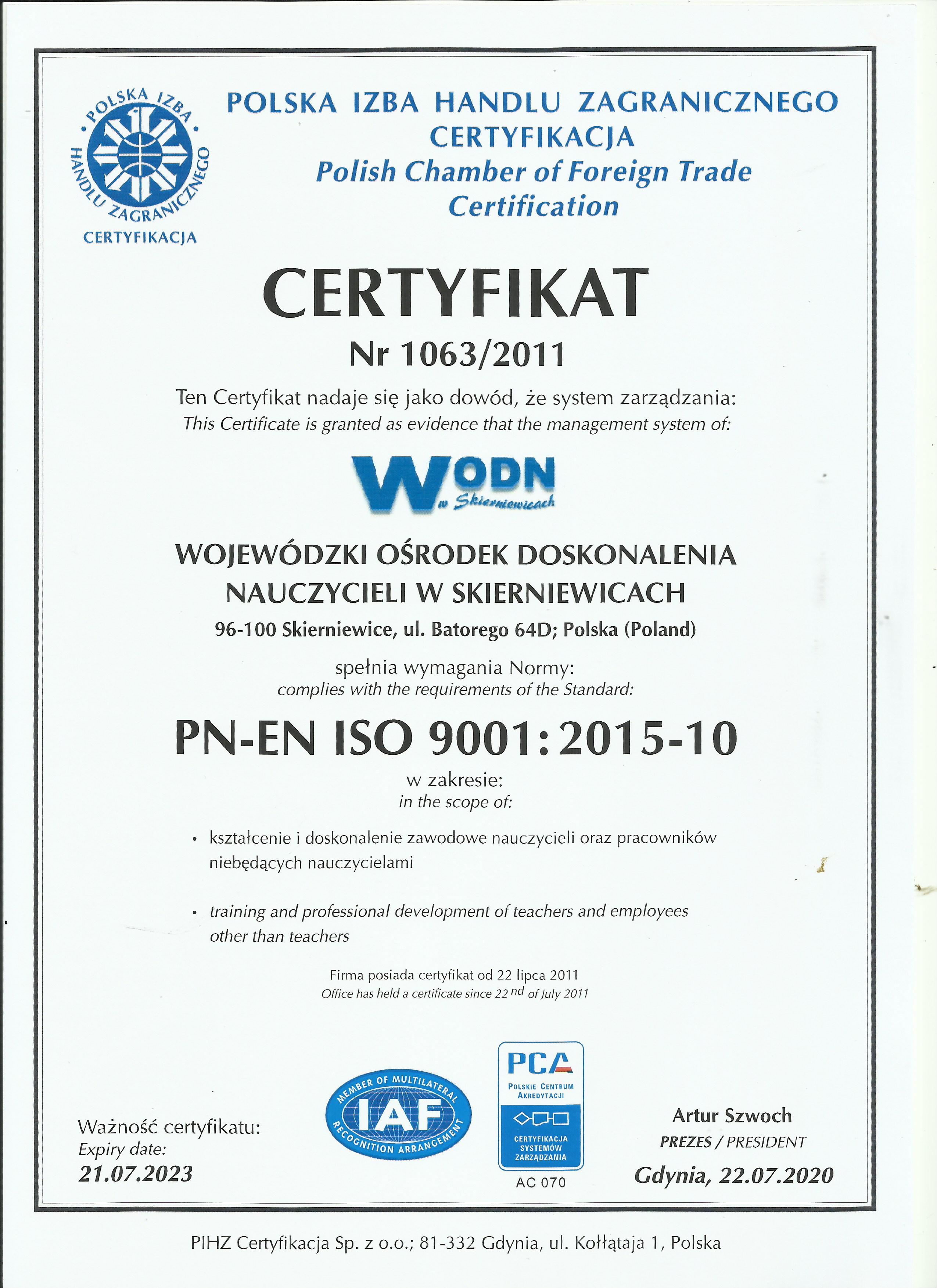Certyfikat ISO - Wojewódzki Ośrodek Doskonalenia Nauczycieli w Skierniewicach